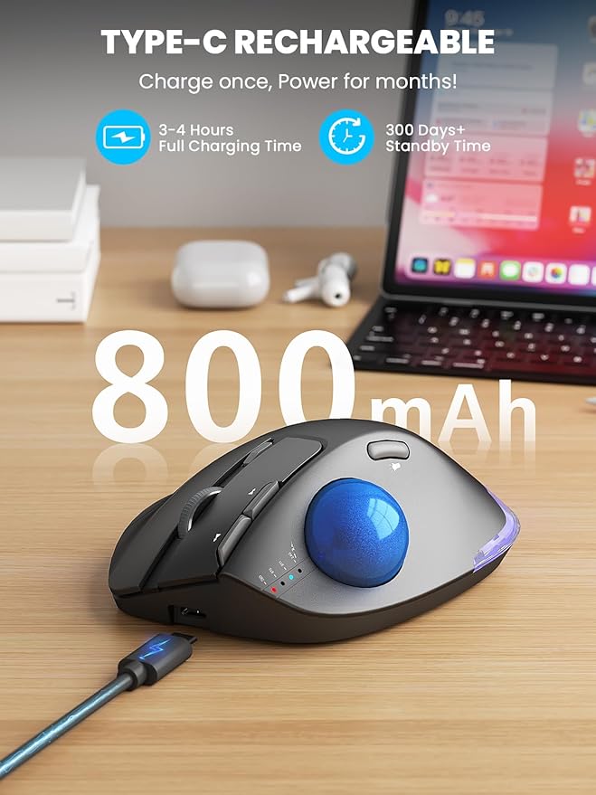 MAM1 Pro Wireless Trackball Mouse Ergonomic Bluetooth Rechargeable Computer Mouse Backlit Rollerball Thumb mice with 5 Level DPI Adjustable Angle 3 Devices Connection for PC Windows - Blue Ball