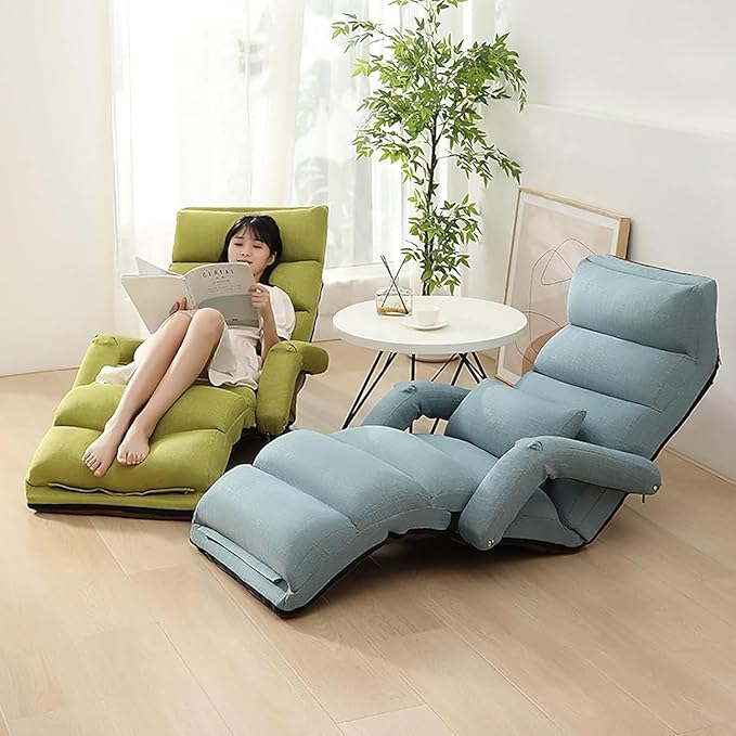 ELEFOCUS Adjustable Foldable Lazy Sofa Chair - 6 Positions Indoor Chaise Lounge with Armrests Backrest Portable Floor Bed(B)