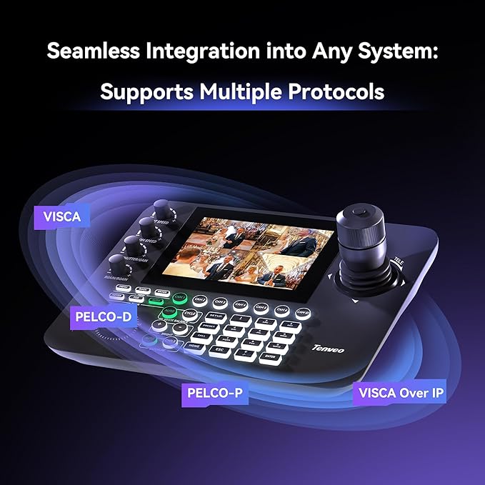 Tenveo 4K NDI PTZ Camera and Controller Bundle/Kit 4K 20X AI Tracking NDI/SDI/HDMI/USB3.0/LAN/PoE PTZ Camera and NDI PTZ Controller 7-Inch Quad-Screen for Church Live Streaming Conference