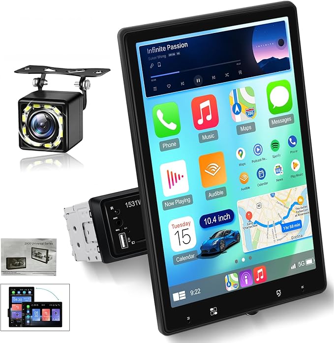 Vertical Single Din Car Stereo 10.4 Inch Rotatable Touch Screen Radio with Wireless Carplay &amp Android Auto Support Backup Cam/GPS/Bluetooth/FM/RDS/Mirror Link/SWC/EQ