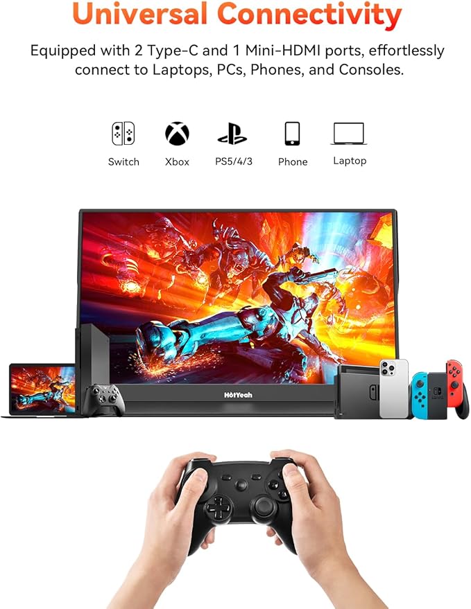 HotYeah Portable Travel Monitor 16.1'' 144Hz 1080P FHD Portable Monitor 106% sRGB HDR Display USB-C HDMI External Screen w/Smart Cover 2nd Screen for Laptop PC Mac Switch PS5/4 Xbox