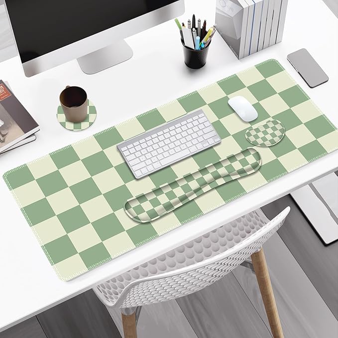 Large Gaming Mouse Pad Set 4 in1 Ergonomics Keyboard Desk Mat with Memory Foam Wrist Rest Extended Game Mousepad Non-Slip Desk Pad Matt Easy Typing Pain Relief I Green Checkered