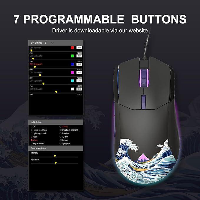 COSTOM Womier USB Wired Gaming Mouse for PC Computer Windows Mac Laptop Lightweight Silent RGB Backlit Mouse with Adjustable 12000DPI/7 Programmable Side ButtonsBlack Kanagawa Theme-G705 V2
