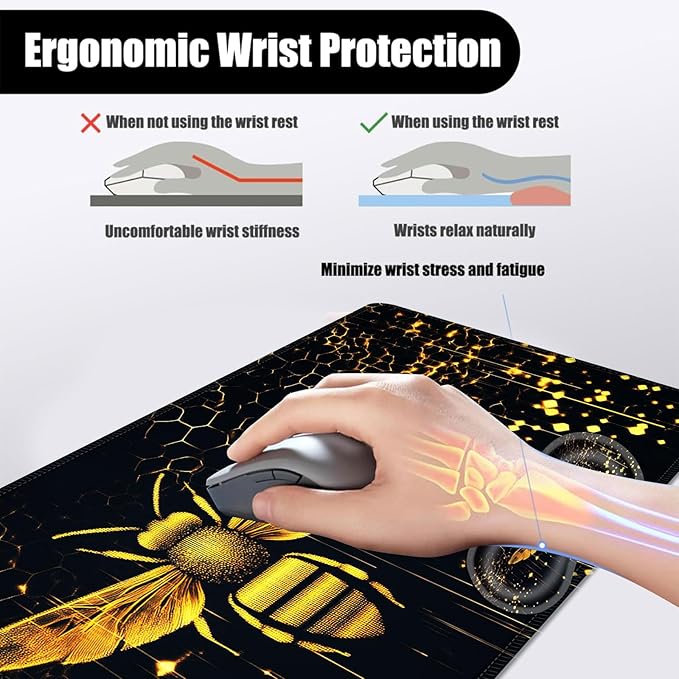 Mouse PadLarge Desk Mat Set 4in1 XL Mousepad + Keyboard Wrist Rest+Mouse Wrist Rest+Coaster with Ergonomic Desk Pad for Home Office Table Computer Cover -Glowing Bee and Honeycomb