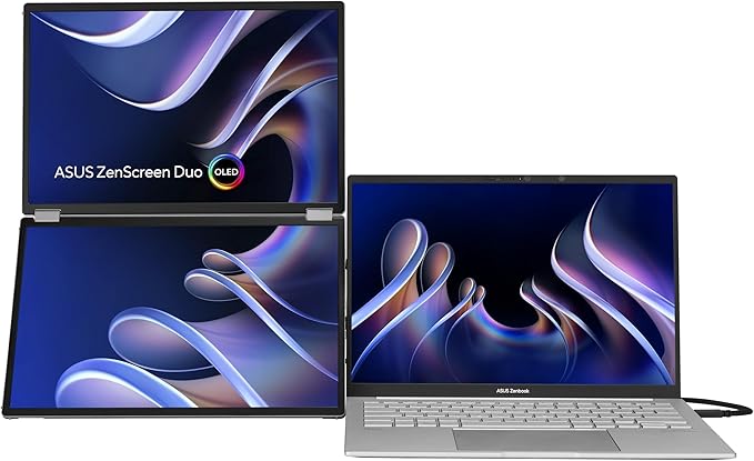 ASUS ZenScreen Duo OLED 360° Foldable Portable Monitor (MQ149CD) - Dual 14-inch 16:10 1920x1200 DisplayHDR400 True Black 100% DCI-P3 Delta&lt2 Dual USB-C Mini-HDMI Kickstand 3 yr Warranty