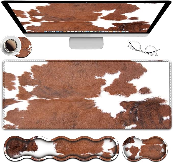 Large Mouse Pad and Gel Mouse Wrist Rest+ Memory Foam Keyboard Wrist Rest Support Set Non-Slip Rubber Base for OfficeHomeComputerExtended Gaming Mousepads XXL Animal Skin Brown Cowhide Desk Mat