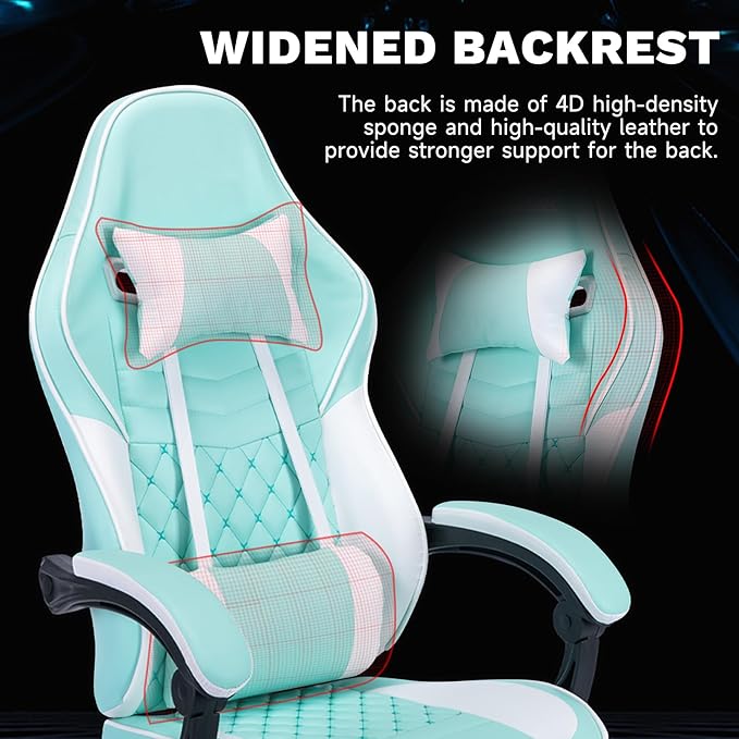 Ergonomic Gaming Chair Racing Style - High Back Gamer Chair with Footrest Adjustable Lumbar Massage Linkage Armrests &amp 90-135° Recline - Leather Computer Game Chair for Adults Green