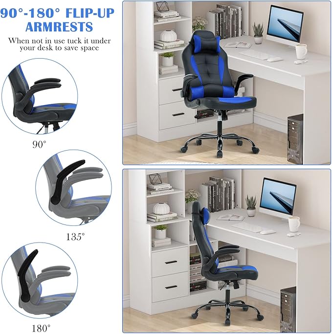 Gaming Chair Office Chair Computer Chair with Lumbar Support&amp Headrest Adjustable Ergonomic Swivel Task Executive Desk Chair High-Back Racing Style Leather Gaming Chair for Adults Blue