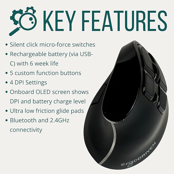 Ergodriven Om Vertical Ergonomic Mouse | Wireless: Bluetooth &amp 2.4G | Rechargeable Optical 4 DPI Levels 5 Custom Buttons | for PC Mac Laptop Computer | Silent Click | Copy/Paste Function