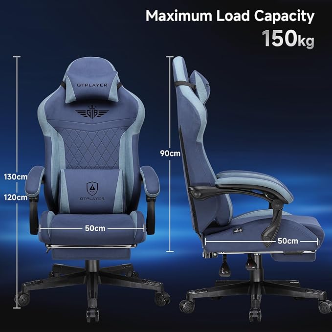 GTPLAYER Gaming Chair Video Game Chairs with Footrest and Lumbar Support Computer Chair for Adults with Extended Backrest Ergonomic Reclining Silla Gamer Fabric Dark Blue