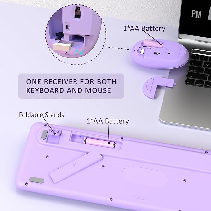 Colorful Wireless Keyboard and Mouse Combo COVEVA 2.4GHz Wireless Retro Cute Round Keycaps Keyboard 104 Keys Full-Sized Keyboard Mouse Set with Switch Button for PC Laptop Desktop (Purple Colorful)
