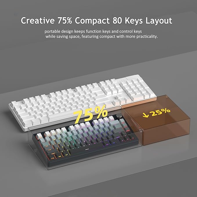 MageGee LIGHT75 Wireless Creamy Keyboard Tri-Mode Bluetooth/2.4GHz/USB-C RGB Backlit Gasket Hot Swappable Custom Gaming Keyboard for Win/Mac/PC with Knob Side Printed PBT Keycaps Black