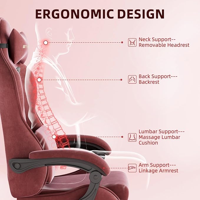Ferghana Velvet Fabric Ergonomic Gaming Chair with Footrest and Massage Reclining Computer Gamer Chair for Adult and Teens Racing Style PC Home Office Video Game Chair (Red)