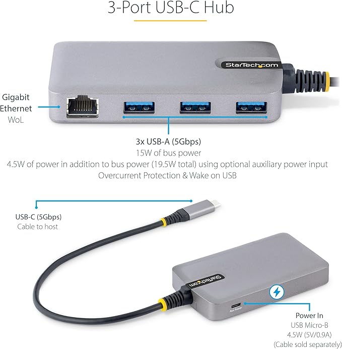 StarTech.com 3-Port USB-C Hub with Ethernet - 3X USB-A Ports Gigabit Ethernet RJ45 USB 3.0 5Gbps Bus-Powered 1ft/30cm Long Cable - Portable Laptop USB Type-C Hub Adapter w/GbE (5G3AGBB-USB-C-HUB)