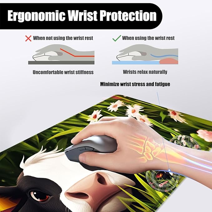 Mouse PadLarge Desk Mat Set 4in1 XL Mousepad + Keyboard Wrist Rest+Mouse Wrist Rest+Coaster with Ergonomic Desk Pad for Home Office Table Computer Cover -Cute Calf in Flower Field