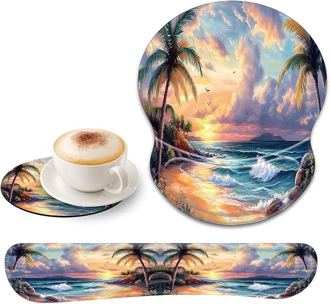Bxgolkgd Ergonomic Gel Mouse Wrist Rest Pad and Keyboard Pad SetAnti-Slip PU Bottom Easy Typing and Relieve Wrist Pain with Cute Coaster Set (3-Palm Tree Beach)