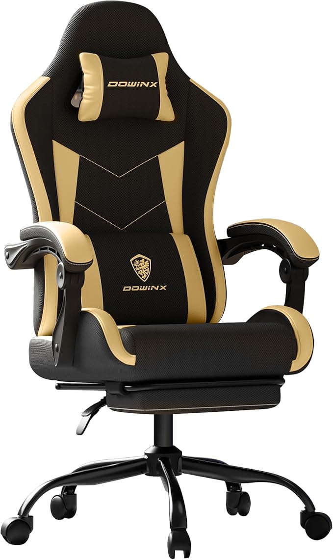 Gaming Chair with Footrest Ergonomic 330lbs Leather Mesh Chair Massage Lumbar Support Adjustable Height &amp Headrest Pillow Breathable Seat for Office Home Streaming Long Gaming Sessions Gol