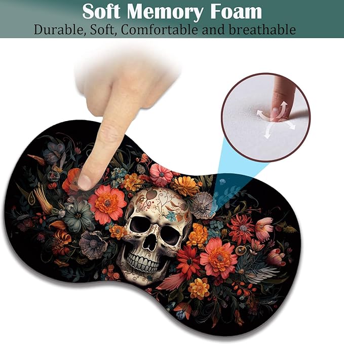 Large Game Mouse Pad + Wrist Support Pad + Coffee Coaster Desk Pad with Sewn Edges Anti-Slip Set pad Suitable for Office Work and Home - Skeleton Flower Skull