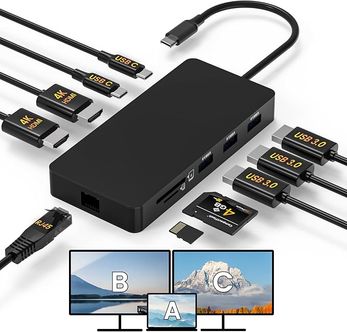 Laptop Docking Station Dual 4K HDTV Monitor Fophmo USB C to 2 HDTV Splitter Extended Display 1000Mbps LAN USB A&ampC 3.0 Ports(10Gbps) SD/TF Card 100W PD Charging MacOS Only Mirrors Same Screen