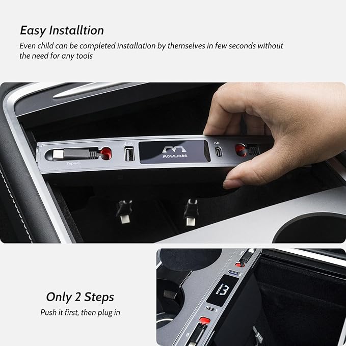 Silver Gray USB Hub for Tesla Owners 2 USB C Retractable Fast Charging Cables for iPhone 15 is Necessary Tesla Tesla Model 3/Y Accessories (2024-2021) but not Highland or Juniper Compatible