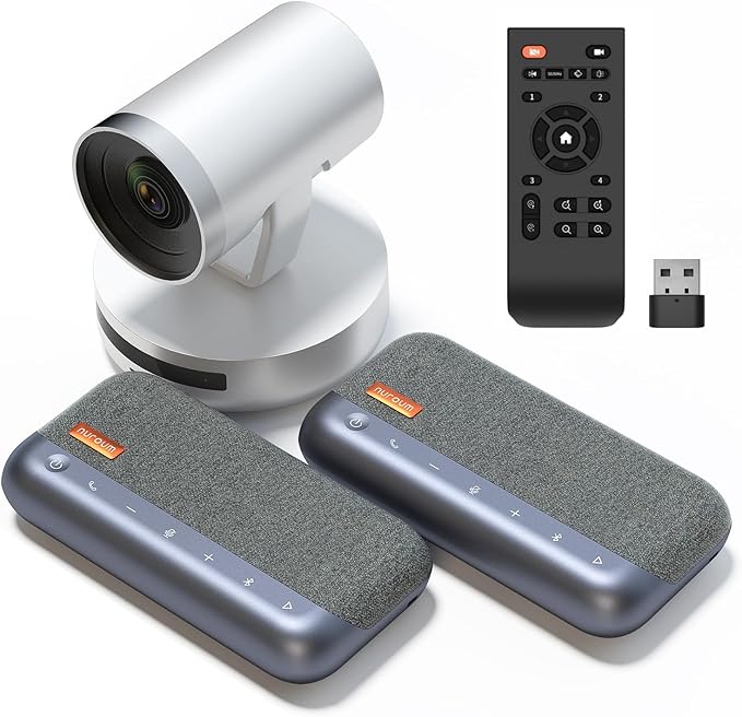 NUROUM Conference Room Camera System 5X Optical Zoom 4 Noise Cancelling Microphones All-in-one Video Conferencing System PTZ Webcam Daisy Chained Bluetooth Conference Speakers