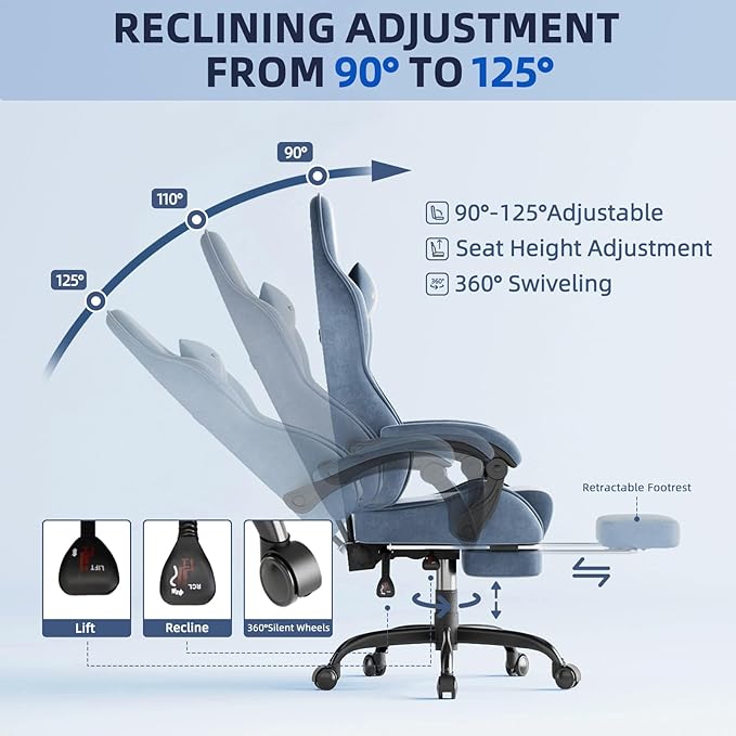 Ferghana Velvet Fabric Ergonomic Gaming Chair with Footrest and Massage Reclining Computer Gamer Chair for Adult and Teens Racing Style PC Home Office Video Game Chair (Grey)