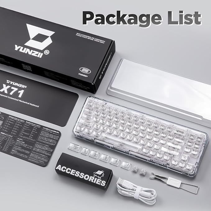 YUNZII X71 Wireless Hot Swappable Transparent Mechanical Keyboard with Clear Keycaps 68% Layout BT5.0/2.4G/USB-C Gasket Mount Wireless RGB Backlit for Windows/Mac(Crystal Ice SwitchWhite)