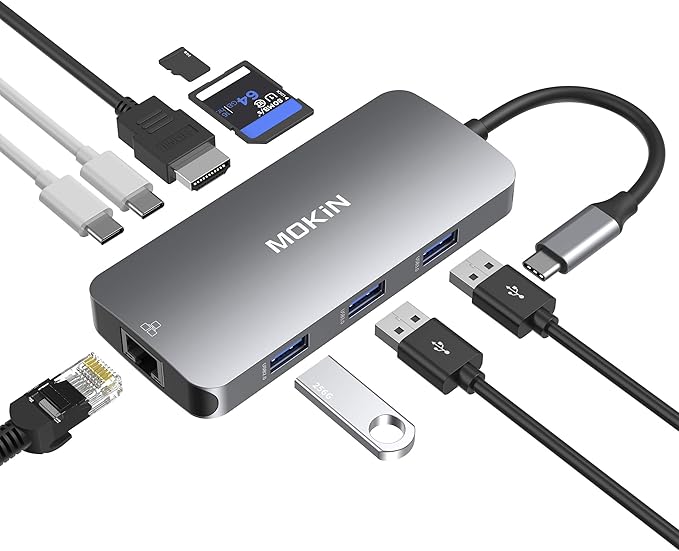 USB C Adapters for MacBook Pro/AirMac Dongle with 3 USB PortUSB C to HDMI USB C to RJ45 EthernetMOKiN 9 in 1 USB C to HDMI Adapter100W Pd Charging USB C to SD/TF Card Reader USB C Hub