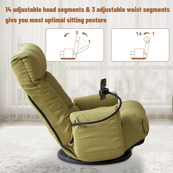 360° Swivel Floor Green Gaming Chair Linen Folding Lounge Sofa Chair with Adjustable Head and Waist Armrests &amp Phone Holder Padded Cushion Leisure Chairs for Living Room Bedroom