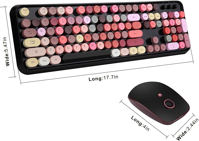 Retro Wireless Keyboard and Mouse Set2.4Ghz Colorful Lipstick Style Typewriter Keyboard with Cute Round KeysFull Size Mixed Color Aesthetic Keyboard&amp3 DPI Mouse for PC Laptop Desktop Computer-Bl
