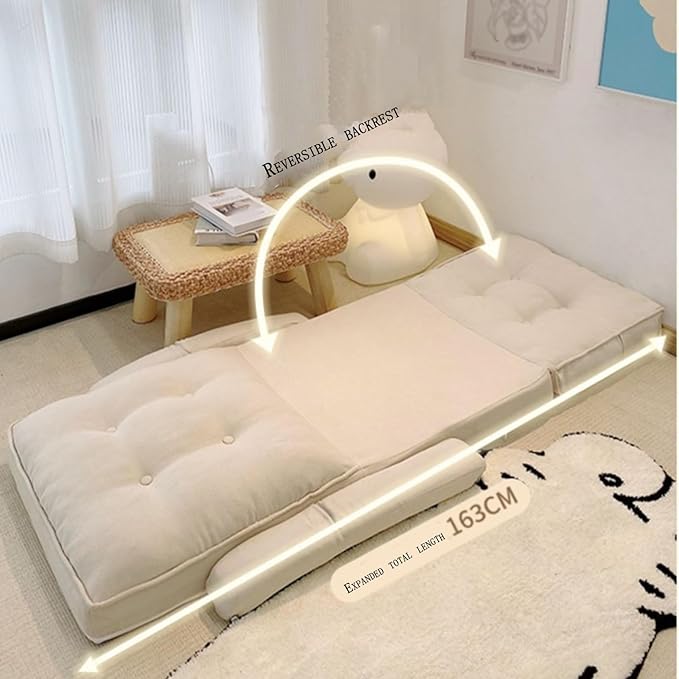 Floor Chair with Back Support Folding Sofa Chair with 5 Adjustable Position Padded Sleeper Bed Couch Recliner Floor Gaming Chair Gaming Floor Chairs for AdultsWhite
