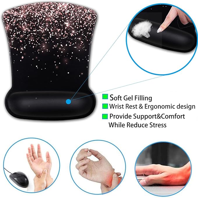 Ergonomic Gel Mouse Pad with Wrist Support Memory Foam Keyboard Wrist Rest Non-Slip PU Base for Home Office Working Studying Easy Typing &amp Pain Relief Rose Gold Glitter Black Mousepad