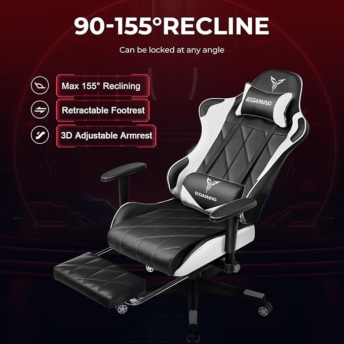 Gaming Chair Big and Tall Video Game Chair with High Back PU Leather Home Office Ergonomic Computer Chair with Footrest Adjustable Height 360° Swivel Wheels for Adults and Teens (White)