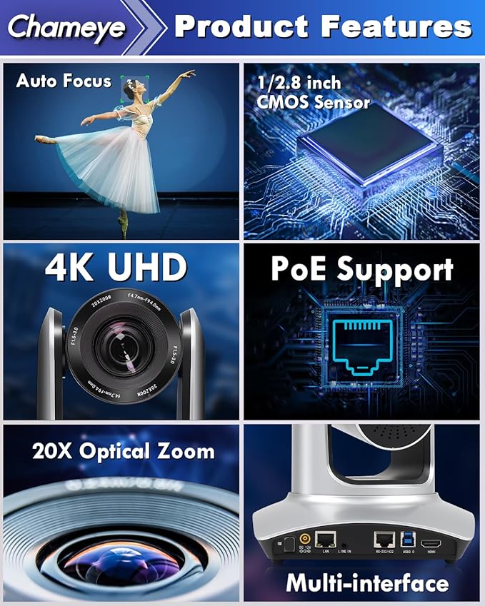 Chameye 4K PTZ Camera 20x Optical Zoom HDMI PTZ Camera 4K for Church Worship Conference Education Events IP PTZ Controller PoE 4D Joystick C420x2+E300