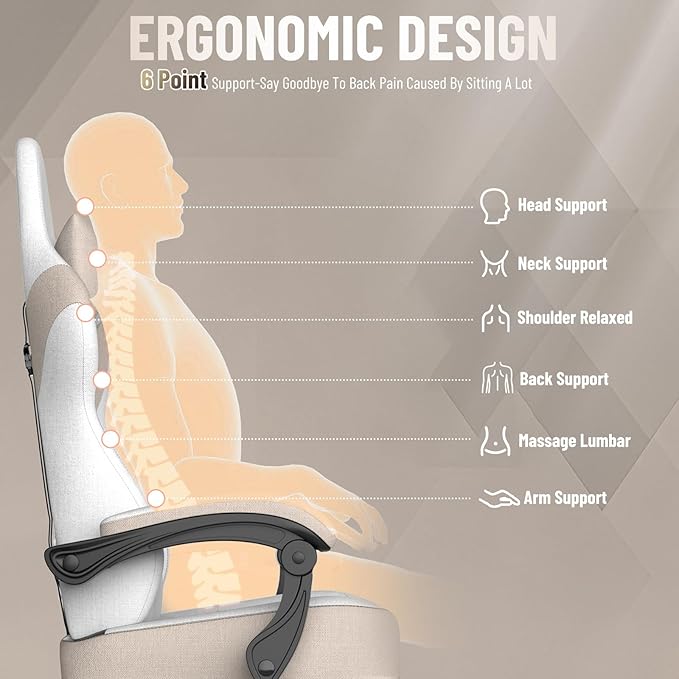 Ferghana Cotton Fabric Gaming Chair with Wider Seat Cushion Shield-Shaped Embroidery Ergonomic High Back Game Chair with Footrest Computer Chair with Massage Lumbar Support for Adult Beige