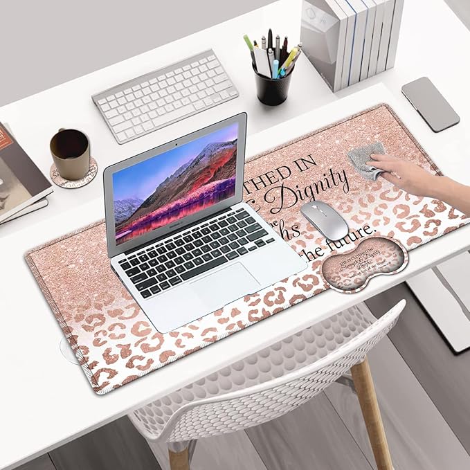 Desk Pad Extended Large Mouse Pad with Stitched Edges (31.5X11.8In) Ergonomic Mouse Wrist Rest Support Waterproof Computer Keyboard Mouse Mat Proverbs 31:25 Verse Pink Gilt XXL Gaming Mouse Pad