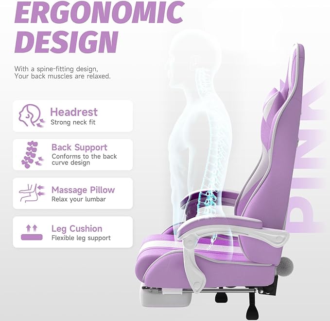 Ferghana Kawaii Light Purple Gaming Chair with Bunny Ears Ergonomic Cute Gamer Chair with Footrest and Massage Racing Reclining Leather Office Computer Game Chair for Girls Adults Teens Kids