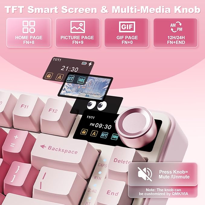 YUNZII B75 PRO MAX QMK/VIA Wireless Mechanical Keyboard75% Layout with Screen and KnobCustom Hot Swap GasketCreamy Pre-lubed SwitchesBluetooth/Type-C/2.4G for Win/Mac (Pink HeartCandy Switch)