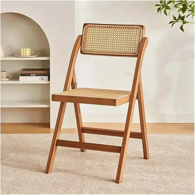 Adjustable Office Computer Chair with Armrest 1pcs Indoor Solid Wood Frame Foldable Dining Chairs with Rattan Backrest(Log Color)
