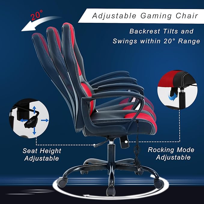 Silla Gamer Ergonomic Massage Gaming Chair - Leather Racing Style Comfortable for Adults &amp Kids - Red