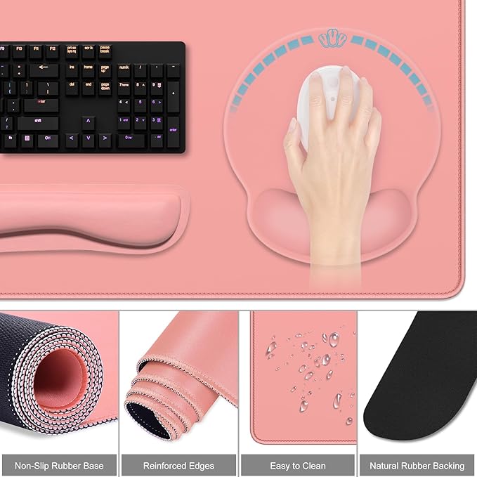 Dapesuom Large Gaming Mouse Pad Mouse Pads with Wrist Rest Wrist Support 4in1 XXL Desk Mat Desk Pad + Ergonomic Mousepad + Memory Foam Keyboard Mat Wrist Rest + Coaster Set for Computer Rose Pink
