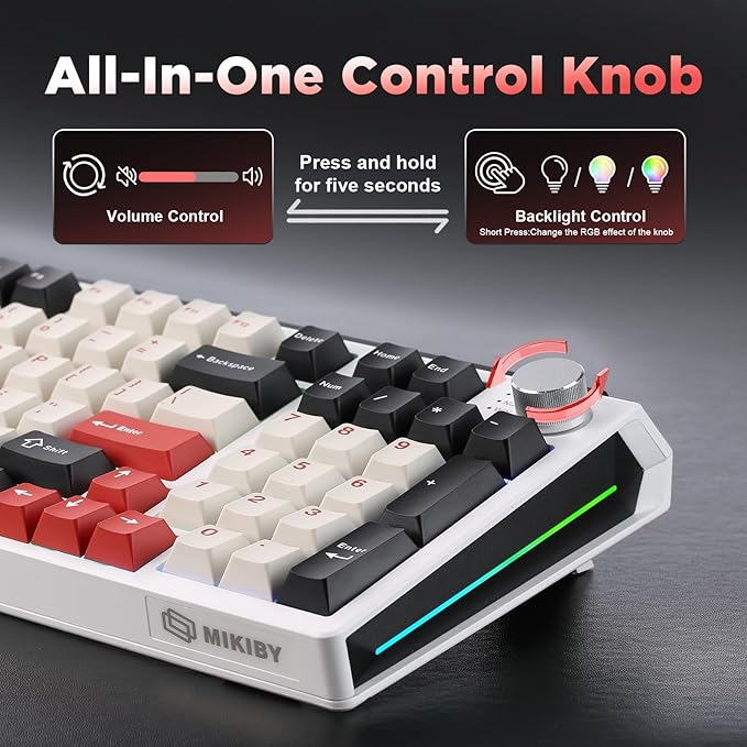 K98 Wireless Mechanical KeyboardTri-Mode BT5.0/2.4GHz/USB-C Hot Swappable Custom KeyboardGasket StructureRGB Backlit Gaming Keyboard for Win &amp Mac(White&ampRedMilk-V2 Switch)