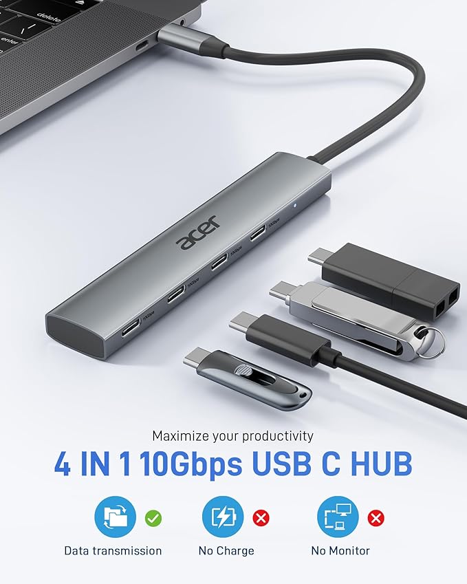 Acer USB C Hub 10Gbps Type C Splitter with 4 USBC 3.2 Port High Speed Type C Multiport Adapter for iPad MacBook Pro iPhone 16/15 Surface Pro and More【Not Support Monitor or Charging】