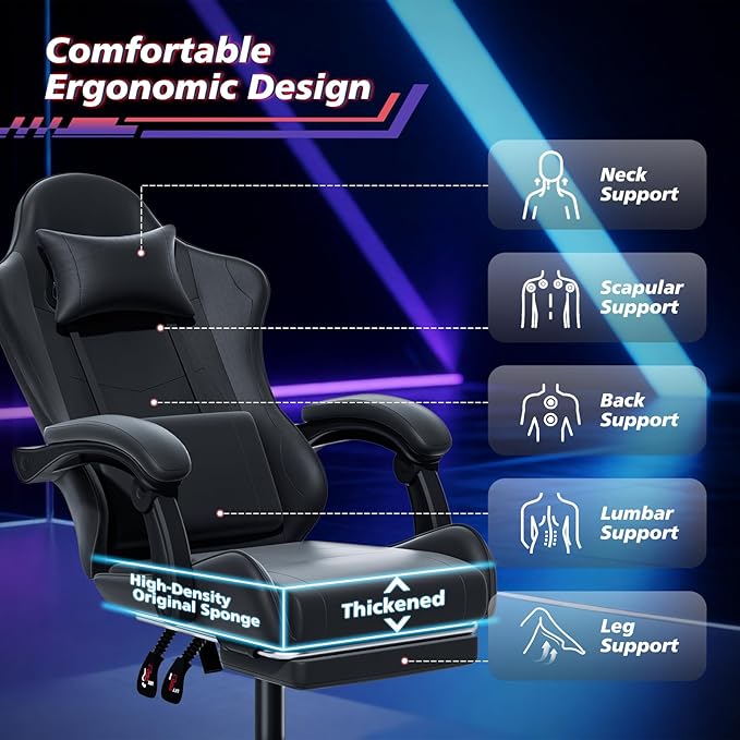 Magshion Gaming Chair Ergonomic Computer Chair with Linkage Armrests Height Adjustable Video Game Chair with Footrest and Headrest for Silla Gamer and Adults 350 Lbs Capacity Black