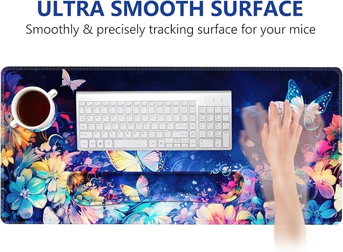 DINKY Keyboard Mouse Pad Set Large Gaming Mousepad + Memory Foam Ergonomic Keyboard Wrist Rest Support Easy Typing Pain Relief 4Pcs (35.4 x 15.7) Extended Desk Mat-Butterflies