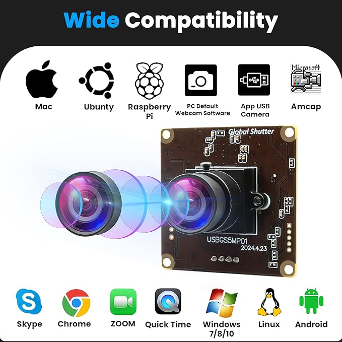 5MP Global Shutter USB Camera Module High Speed 60fps 1080P PC Webcam with No Distortion Lens Lightburn Camera UVC for Computer Laptop Android and Raspberry Pi
