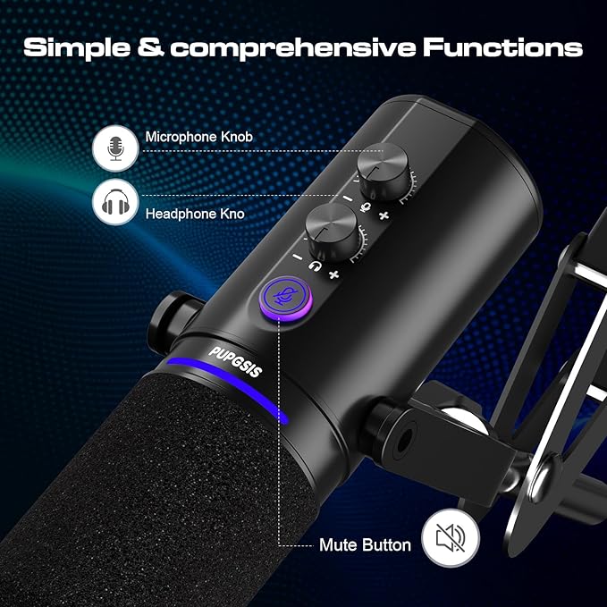 PUPGSIS Podcast Dynamic Microphone XLR/USB Recording PC Microphones for Broadcast Podcast Recording Gaming &amp Streaming Studio Mic with Mute Headphone Jack Monitoring Volume Control Windscr