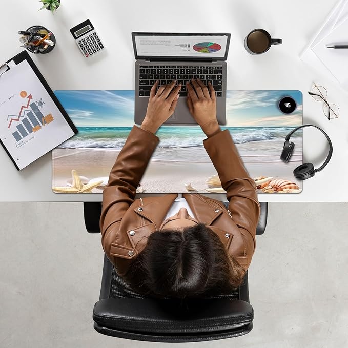 Heated Mouse Pad Hand Warmer Warm Desk Pad Mousepad Desk Mat with 3 Levels Heating and Auto Shut Down 31.5 x 13 inch PU Leather Warmer Keyboard Mat for Gaming Laptop Office Home Starfish Beach