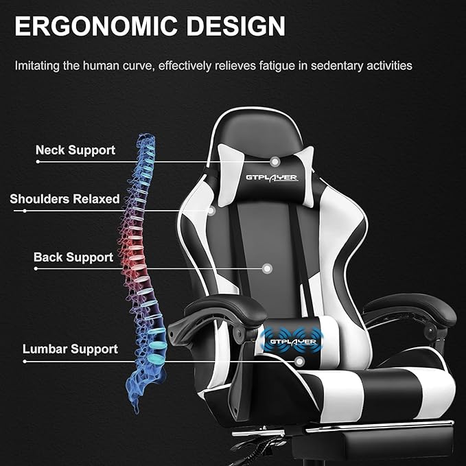 GTPLAYER Gaming Chair Computer Chair with Footrest and Lumbar Support Height Adjustable Game Chair with 360°-Swivel Seat and Headrest and for Office or Gaming (Pearl White)