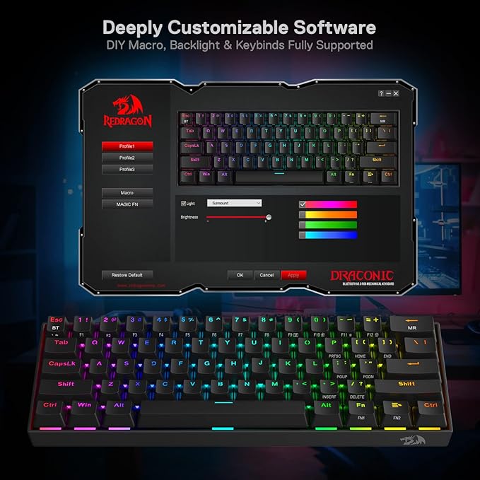 Redragon K530 Pro Draconic 60% Wireless RGB Mechanical Keyboard BT/2.4Ghz/Wired 3-Mode 61 Keys Compact Gaming Keyboard w/Hot-Swap Socket Free-Mod Plate Mounted PCB &amp Clicky Blue Switch